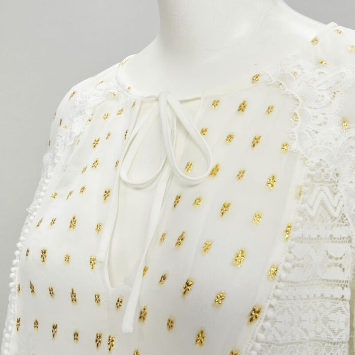 TEMPERLEY LONDON white sheer gold jacquard crochet lace bohemian top US4 S