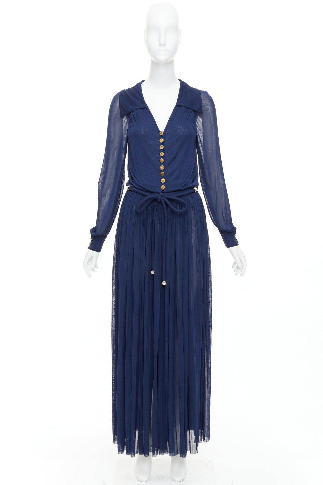 CHANEL 2017 Runway navy gold CC owl logo buttons pleated belted dress FR36 S