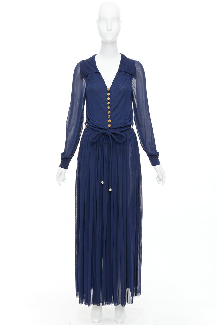 CHANEL 2017 Runway navy gold CC owl logo buttons pleated belted dress FR36 S