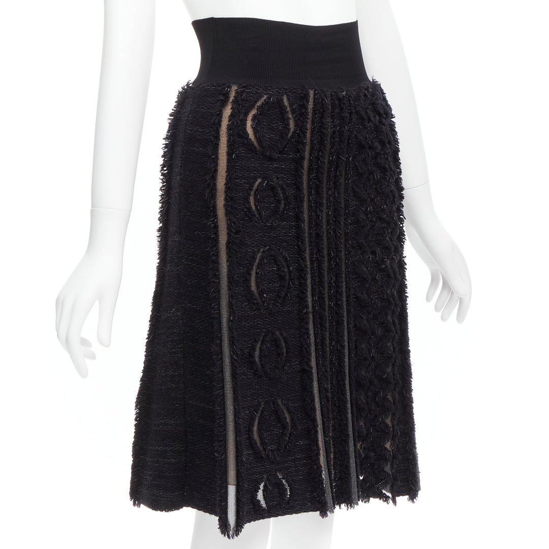 LOUIS VUITTON black wool blend grey lucid mesh cutout knit knee skirt XS