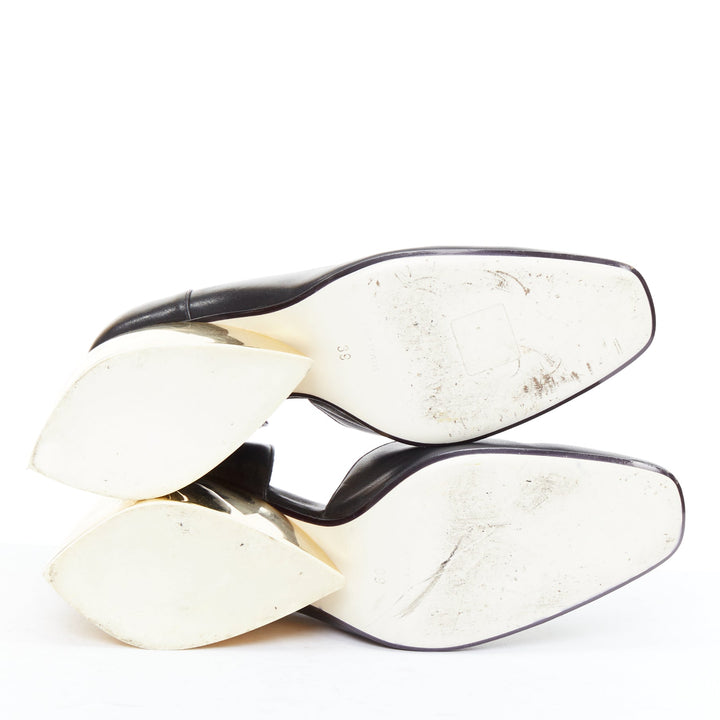 LOEWE gold curved heel black leather slip on heeled shoes EU39