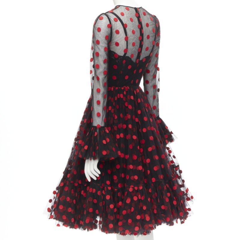 DOLCE GABBANA black red polka dot embroidered tulle flared dress IT40 S