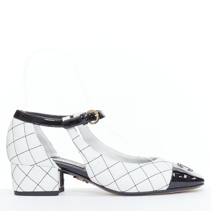 CHANEL 2022 black white quilted topstitch patent cap toe maryjane heels EU36.5