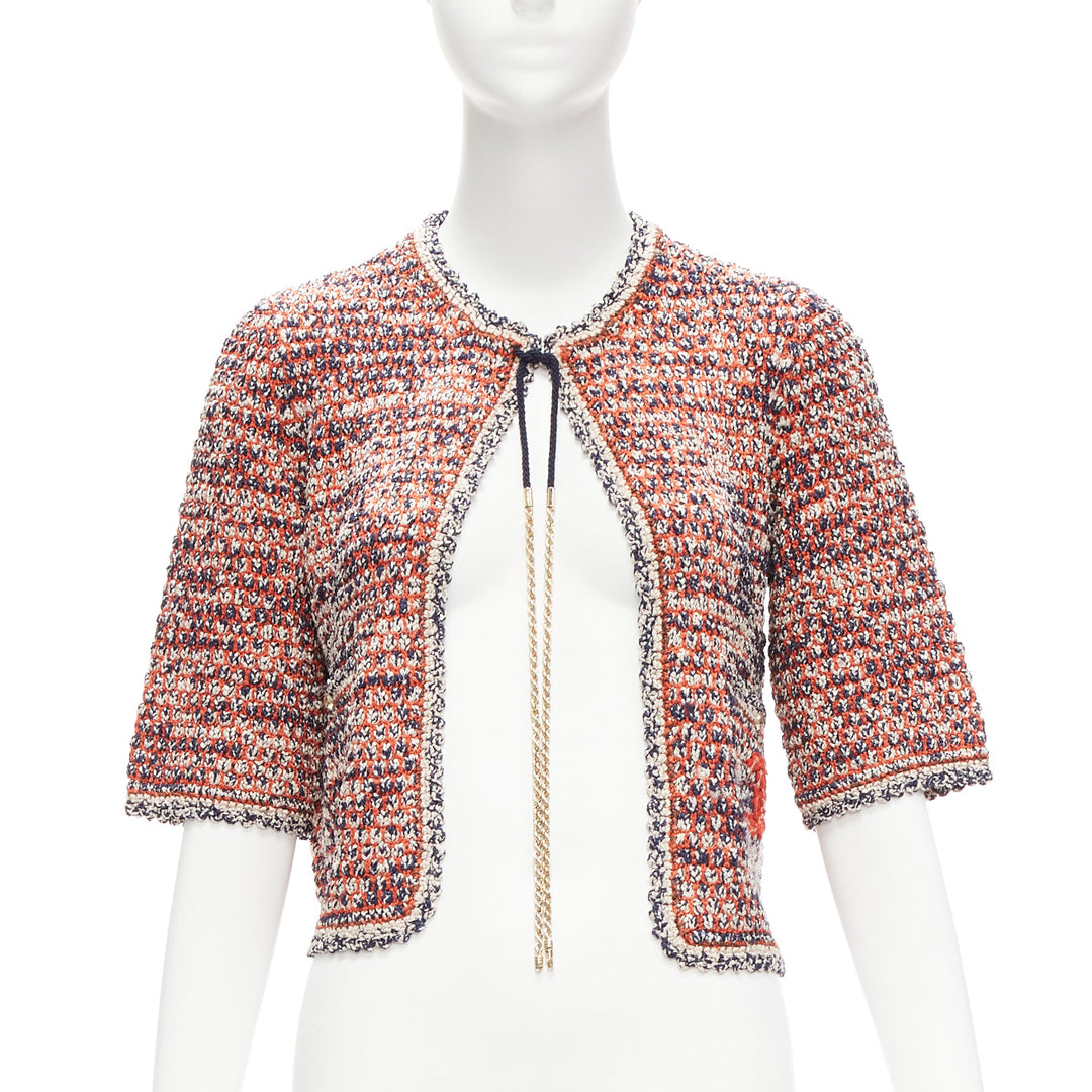 CHANEL 2011 red boule knit CC logo gold chain cropped jacket FR36 S