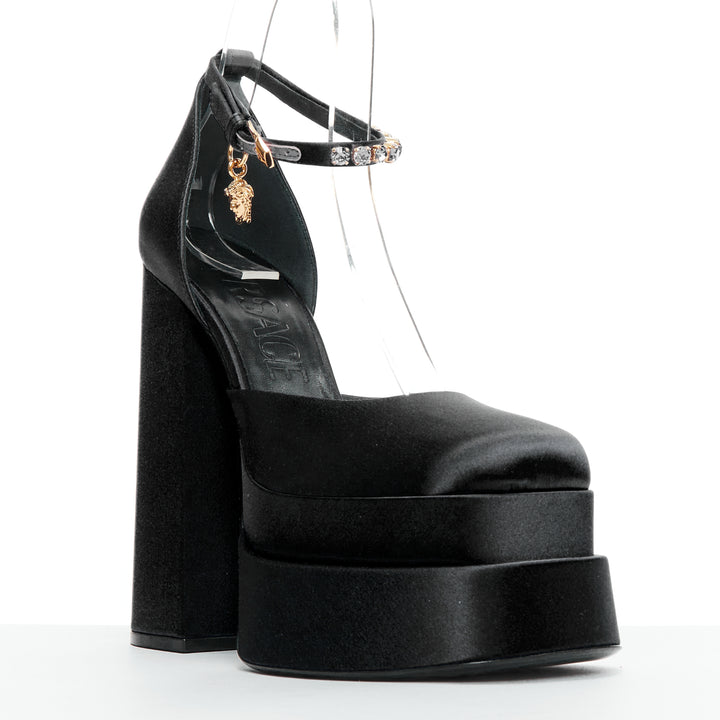 VERSACE Runway Aevitas 155 black satin gold crystal Medusa double platform EU41