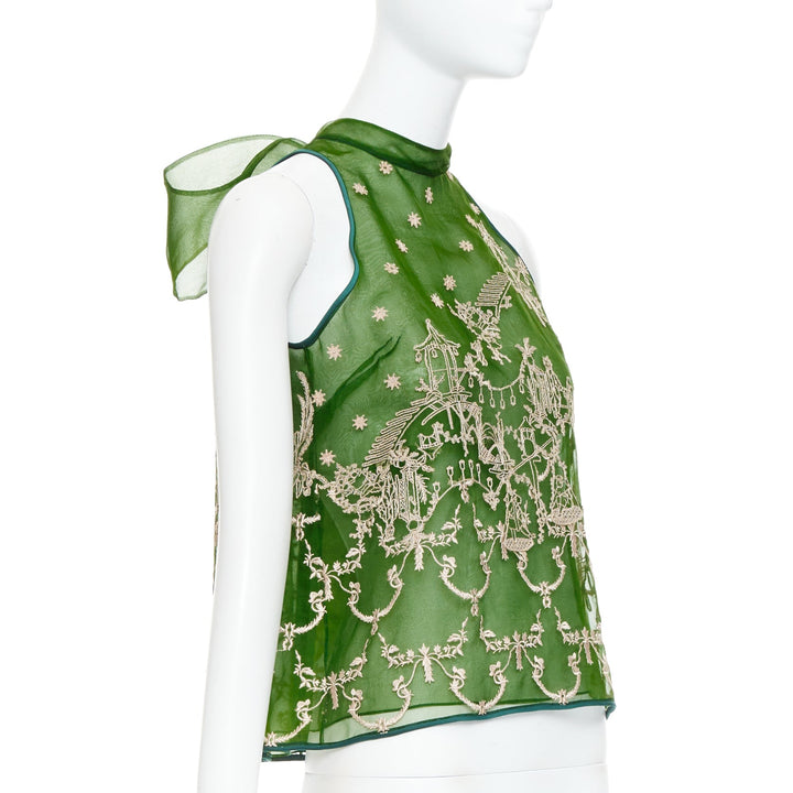 SAPTO DJOJOKARTIKO green beige oriental embroidered sheer halter top