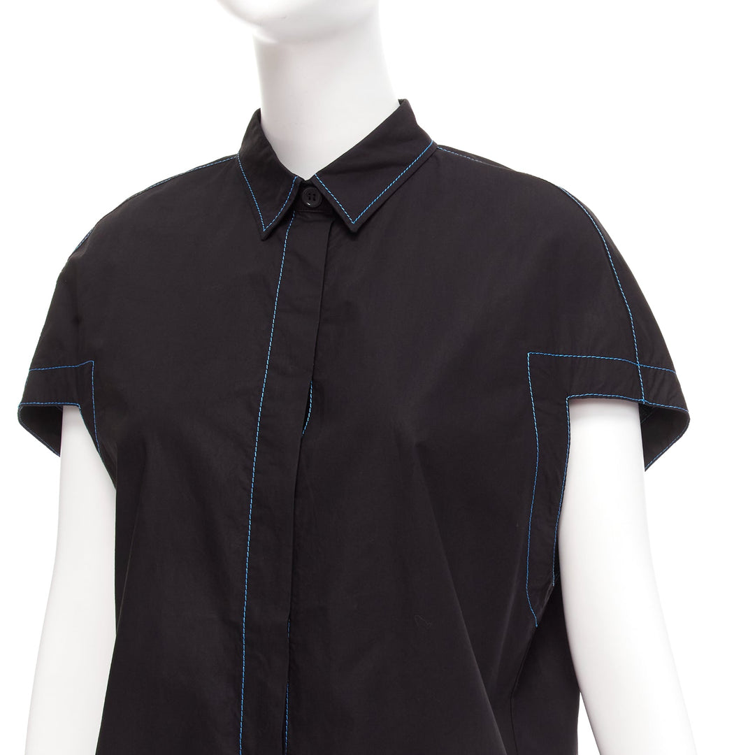 MARNI black blue topstitched round shoulder 3D cut boxy shirt IT40 S