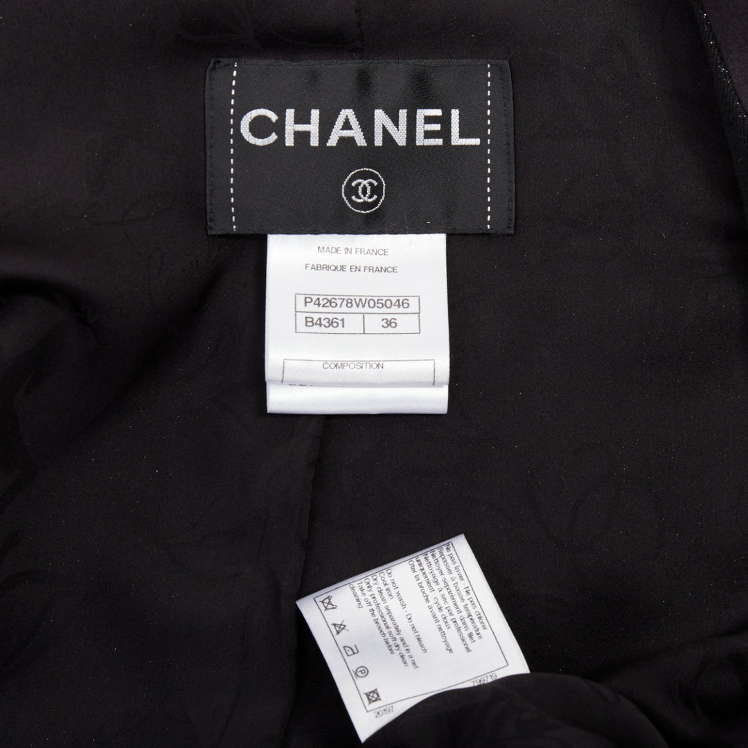 CHANEL black wool lurex pearl crystal button satin shawl collar vest FR36 S