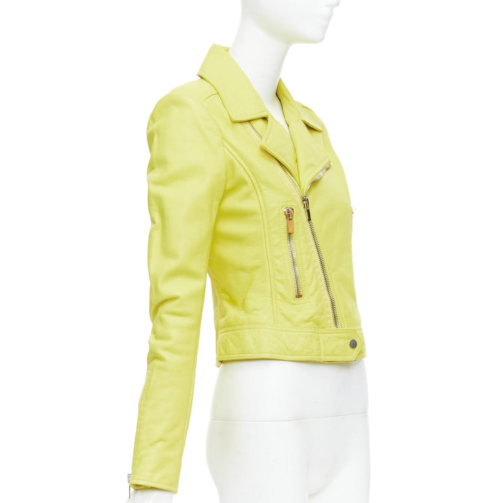 BALENCIAGA 2014 yellow lambskin leather crop biker jacket FR38 M