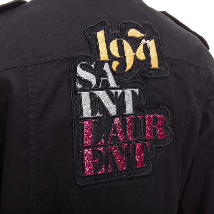 SAINT LAURENT 2018 black cotton ramie glitter logo safari jacket FR36 S