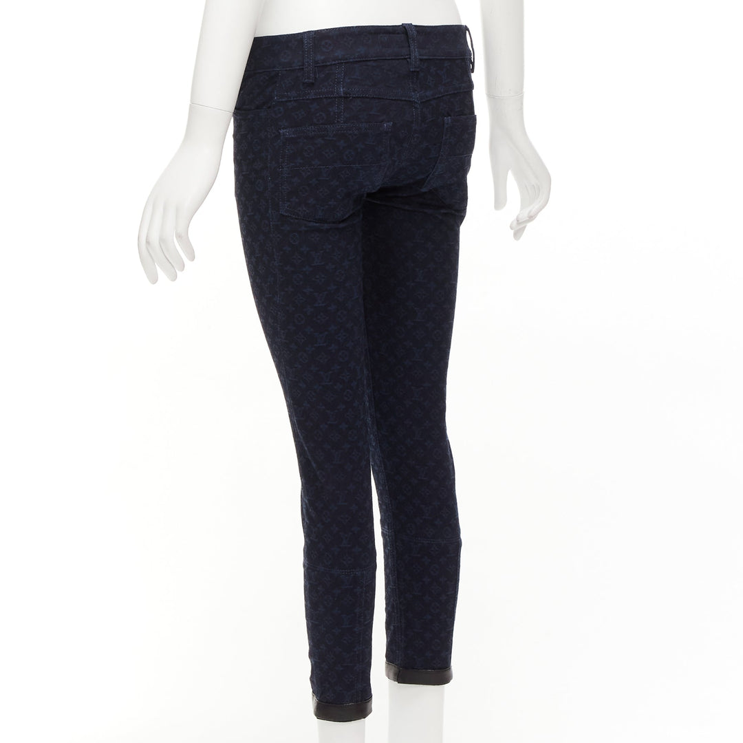 LOUIS VUITTON dark blue LV monogram black leather trim skinny jeans FR34 XS