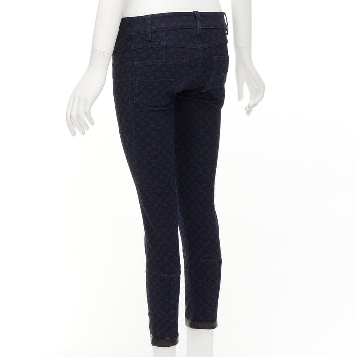 LOUIS VUITTON dark blue LV monogram black leather trim skinny jeans FR34 XS