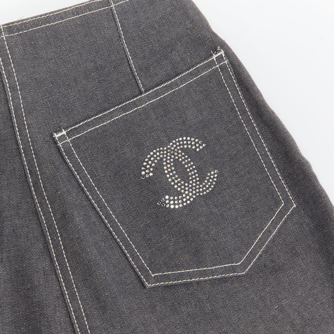 CHANEL 01P Vintage Runway CC rhinestone logo topstitch flared cargo pants FR36 S
