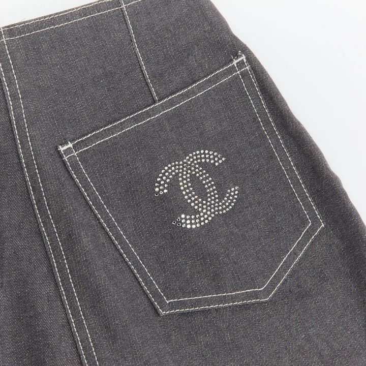 CHANEL 01P Vintage Runway CC rhinestone logo topstitch flared cargo pants FR36 S