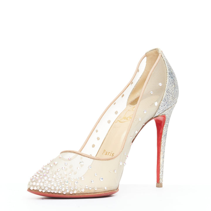 CHRISTIAN LOUBOUTIN Follies 100 clear mesh silver strass bridal pump EU35.5