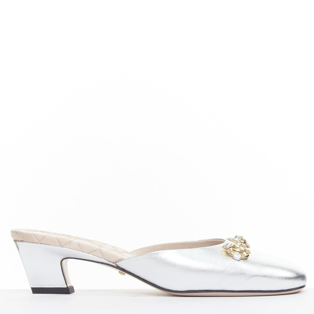 GUCCI silver metallic leather gold crystal horsebit buckle slipper heels EU37