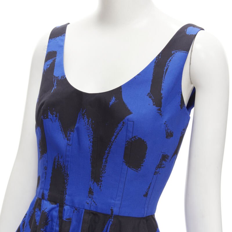 ALEXANDER MCQUEEN 2022 black blue abstract print fit flared scoop dress It38 S