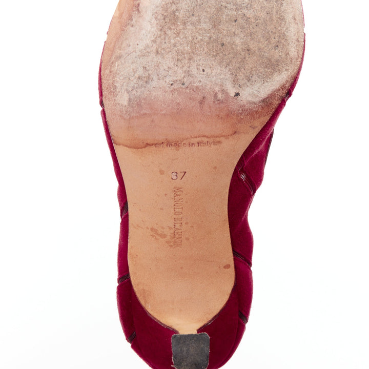 MANOLO BLAHNIK Nadira red suede diagonal cut out mesh pumps EU37
