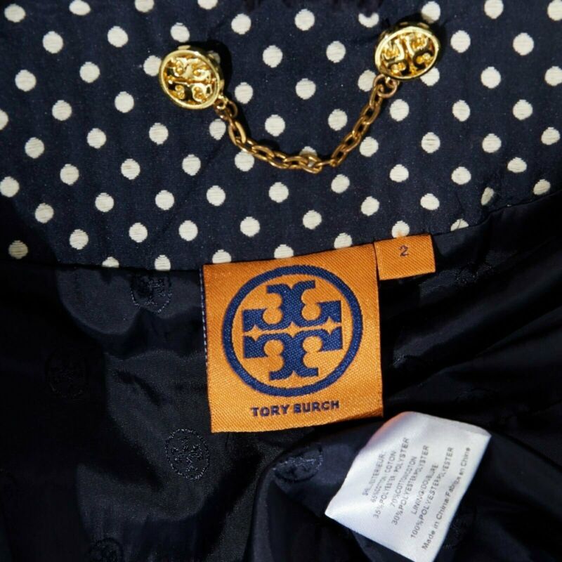 TORY BURCH navy blue white polka dot jacquard frayed trimmed coat US2 S