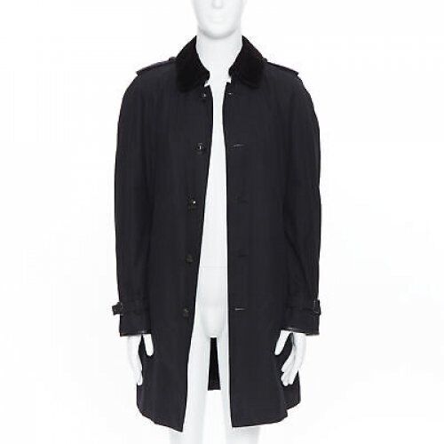 BURBERRY PRORSUM black cotton removable rabbit fur lining ostrich belt trench L