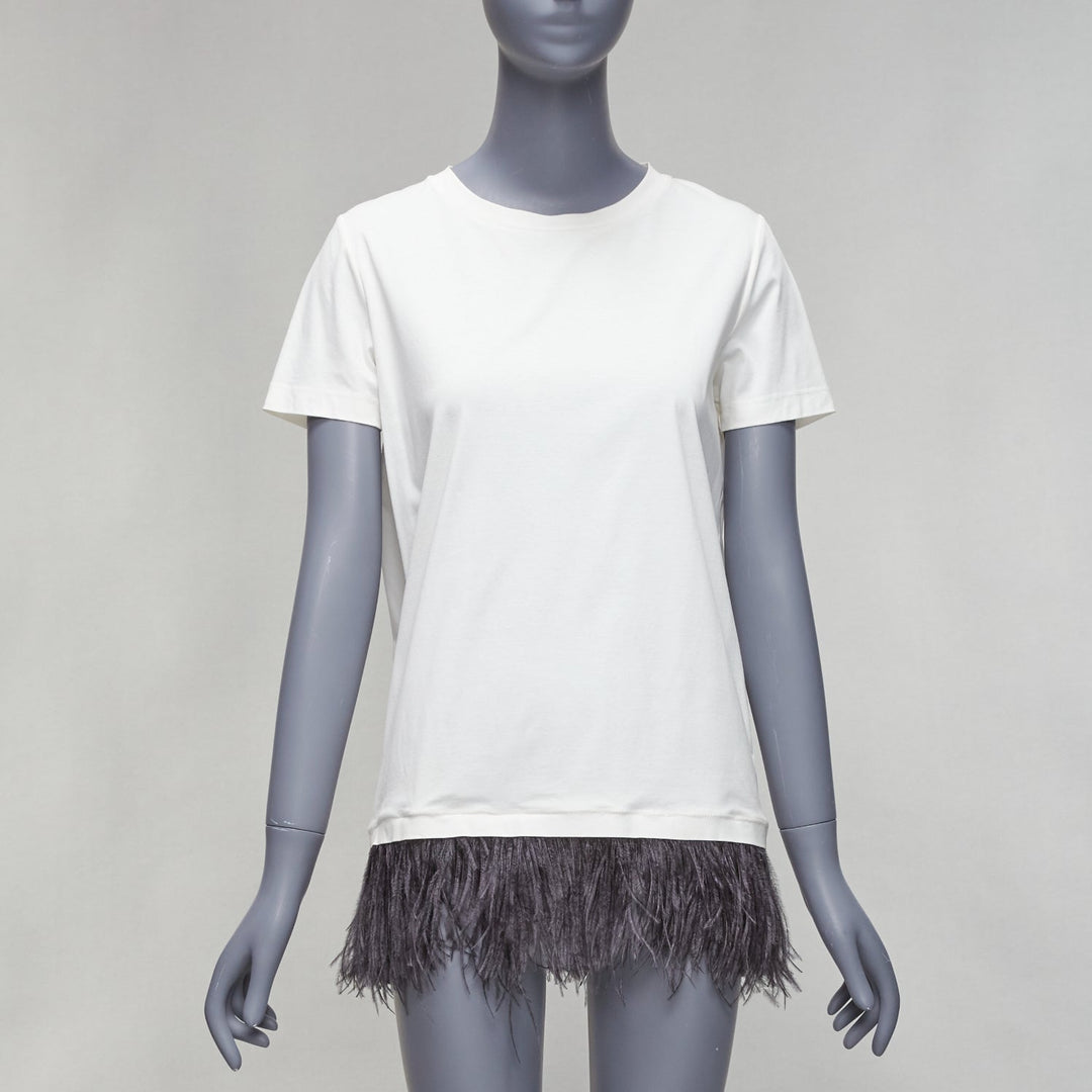 JIL SANDER white cotton black ostrich feather trim crew neck tshirt S