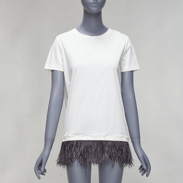 JIL SANDER white cotton black ostrich feather trim crew neck tshirt S