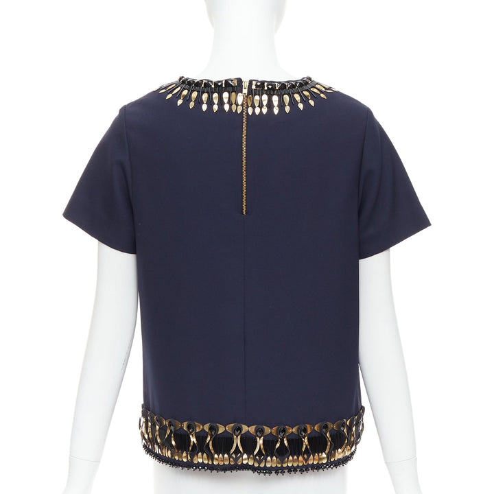 MANISH ARORA gold navy hand crafted 3D embellished top IT38 M