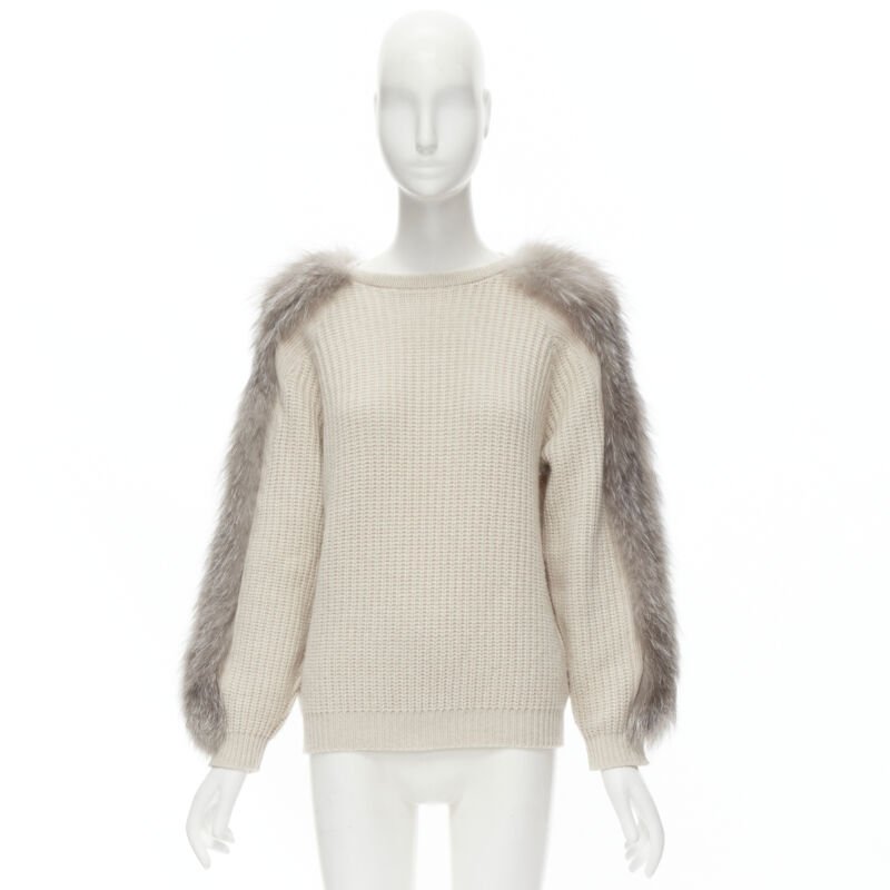 BRUNELLO CUCINELLI beige 100% cashmere grey fox fur sleeve waffle knit sweater M