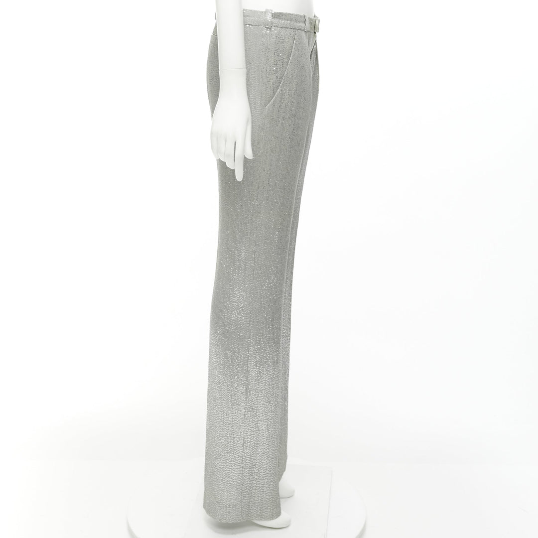 ALEXIS MABILLE 100% silk silver sequinned straight leg trouser pants FR36 S