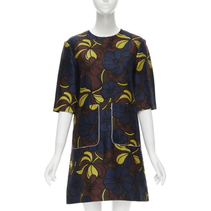 MARNI floral print wool silk crepe patch pocket boxy A-line dress IT38 XS
