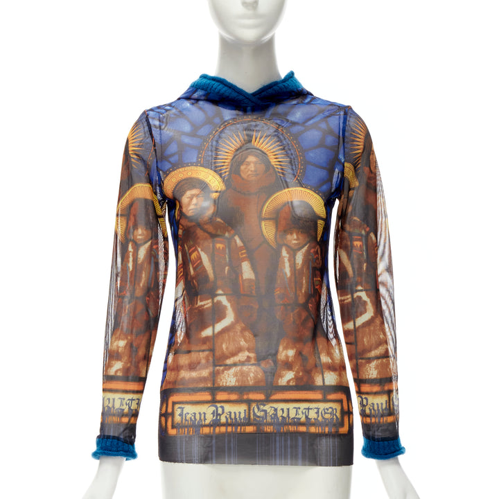 JEAN PAUL GAULTIER blue cathedral print gothic logo wool hooded top IT40 S