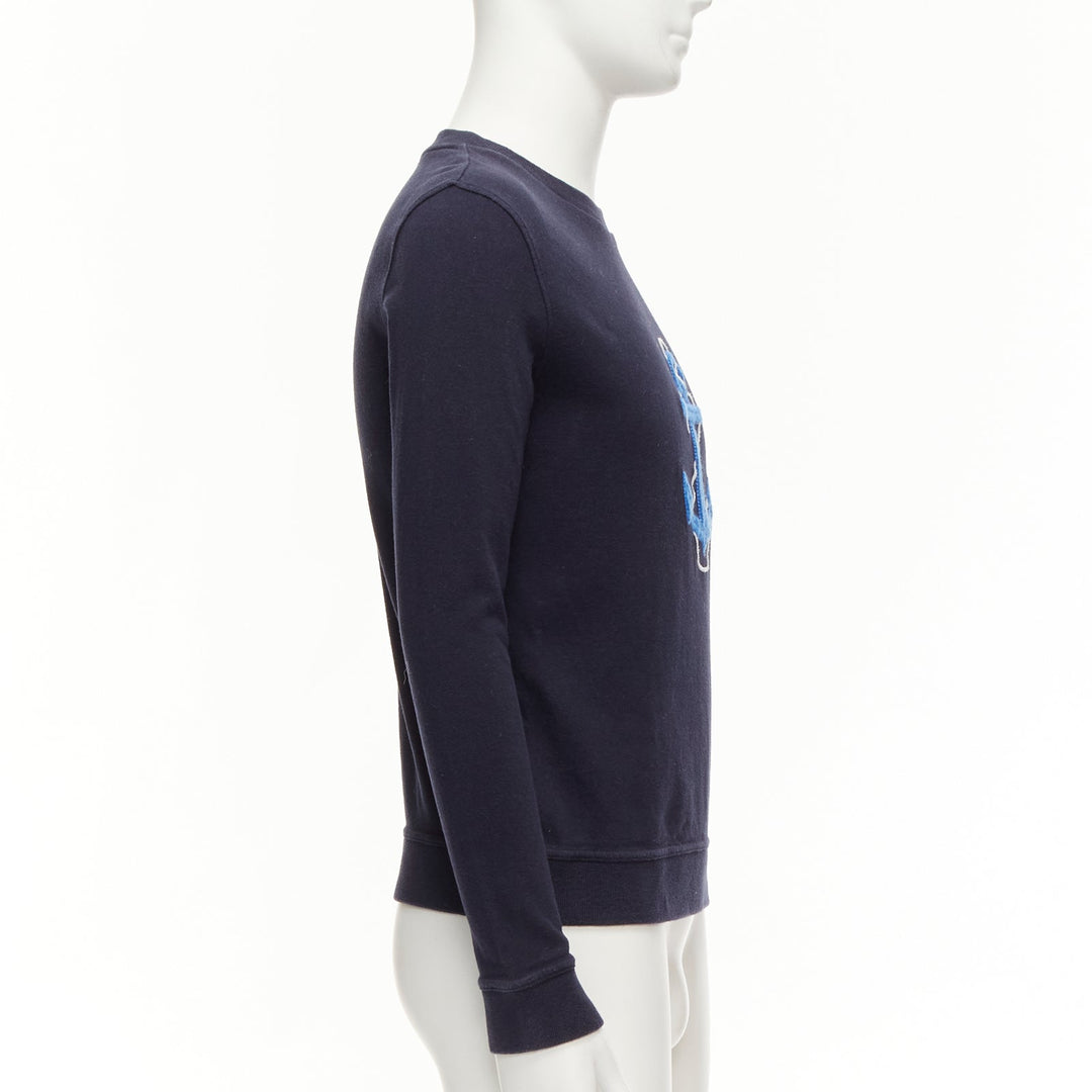 A.P.C. navy blue white anchor embroidery crew neck cotton sweatshirt US0 XS