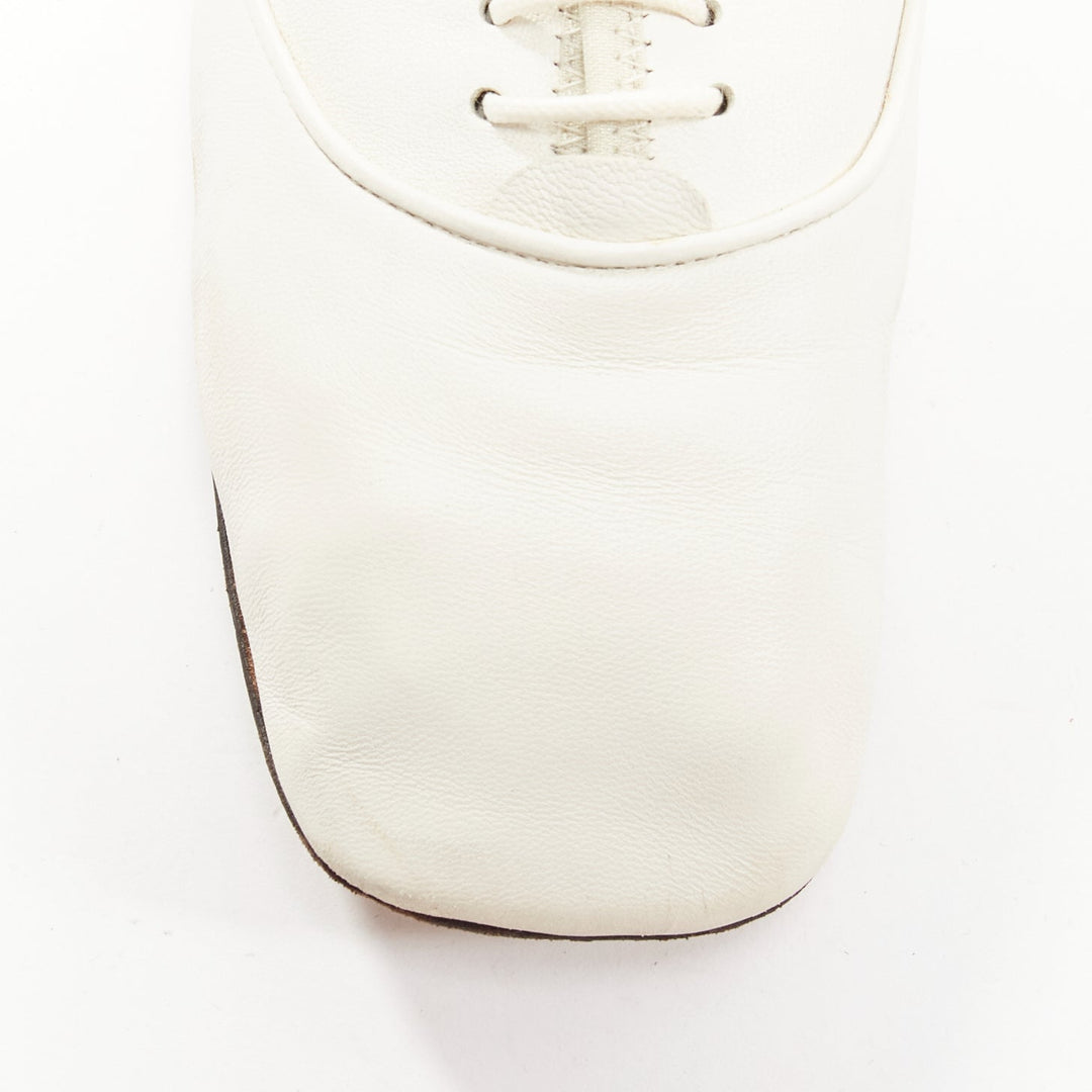 LOEWE Derby white soft leather black logo tab lace up flat shoes EU37