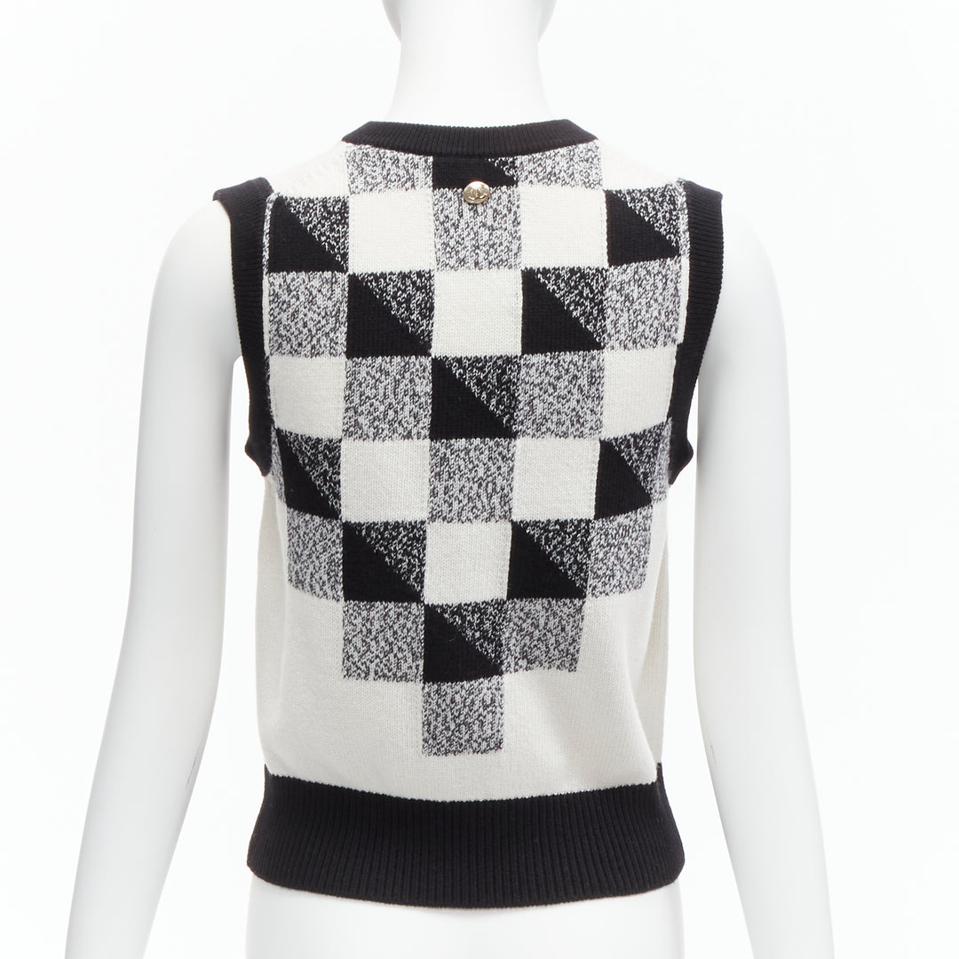 CHANEL 100% cashmere black white graphic check CC logo sweater vest FR36 S