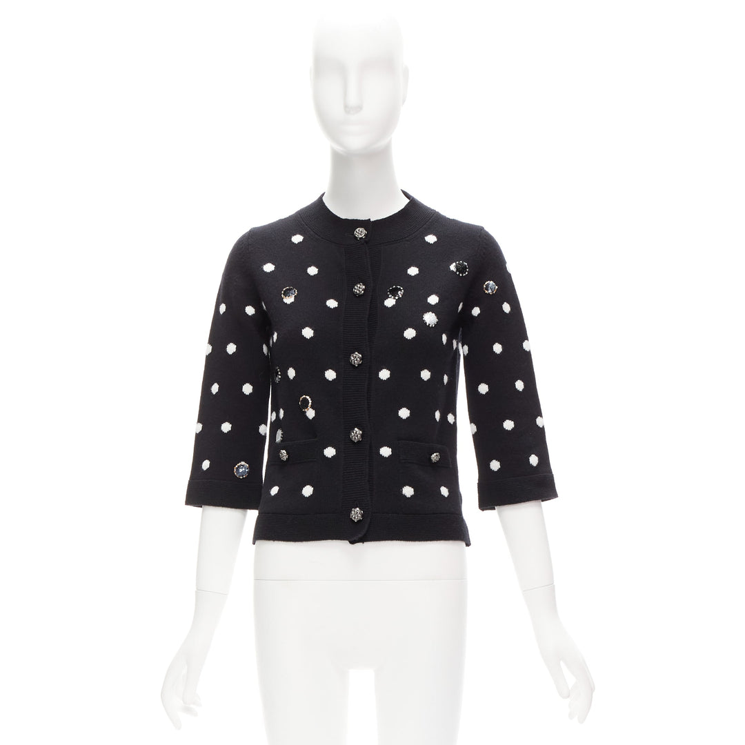 CHANEL 08A 100% cashmere silver embellished black polka dot cardigan FR34 XS
