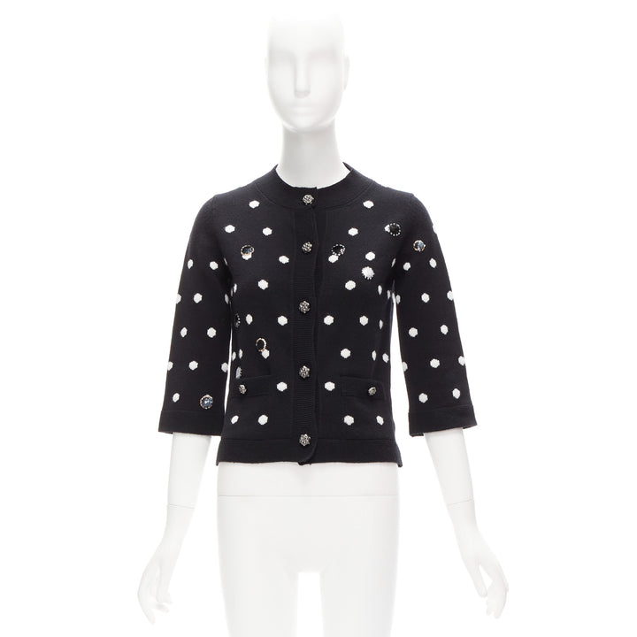 CHANEL 08A 100% cashmere silver embellished black polka dot cardigan FR34 XS
