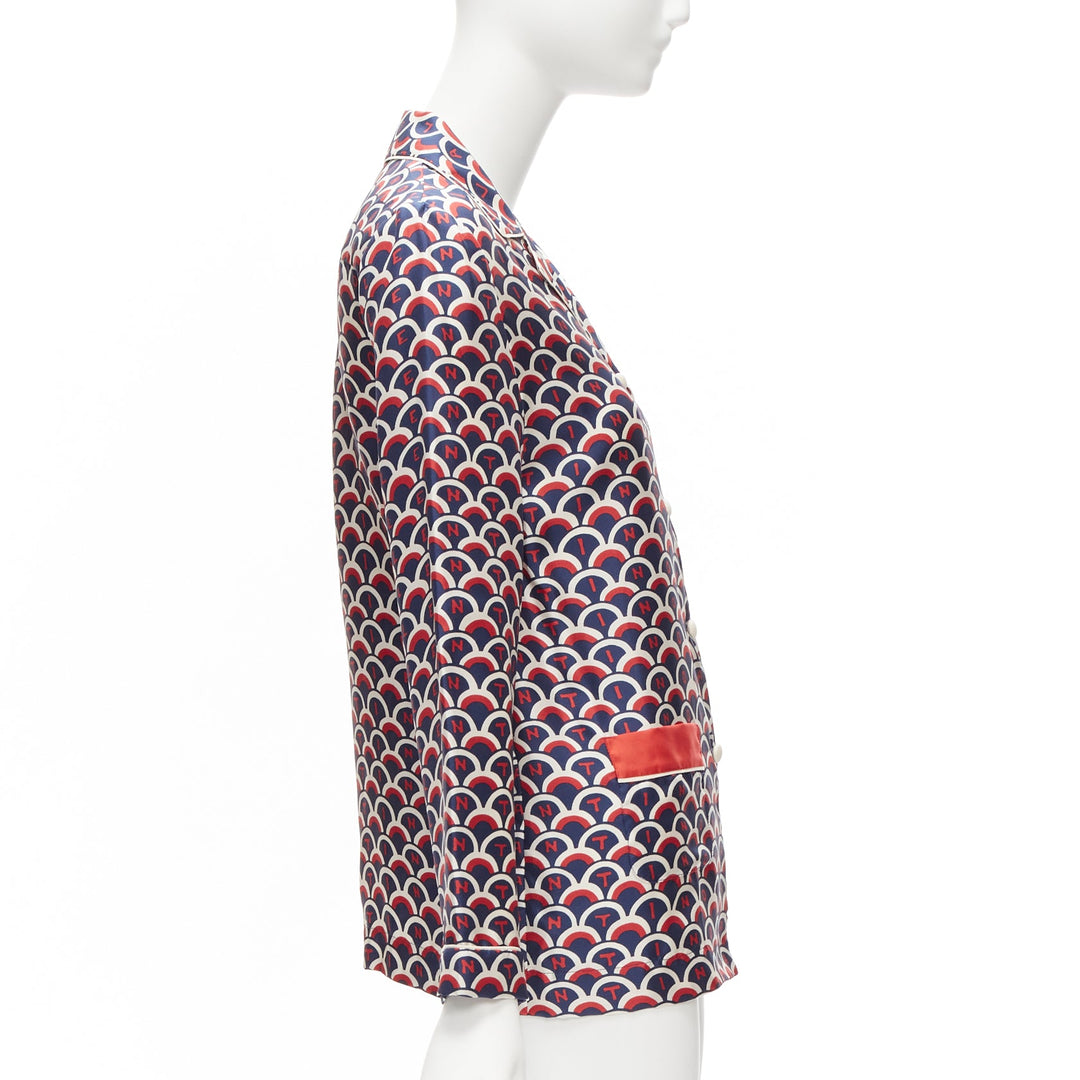 VALENTINO  100% silk Scale navy red logo print pajama shirt IT36 XXS