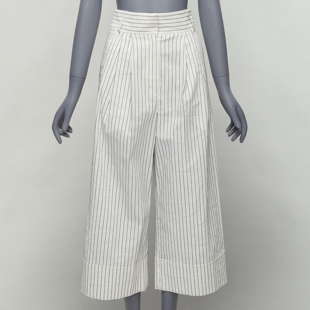 TIBI white black pinstriped linen pleated front wide leg cropped pants US0 XS