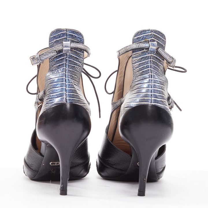DIOR Raf Simons Runway metallic blue black scale embossed cut out booties EU36