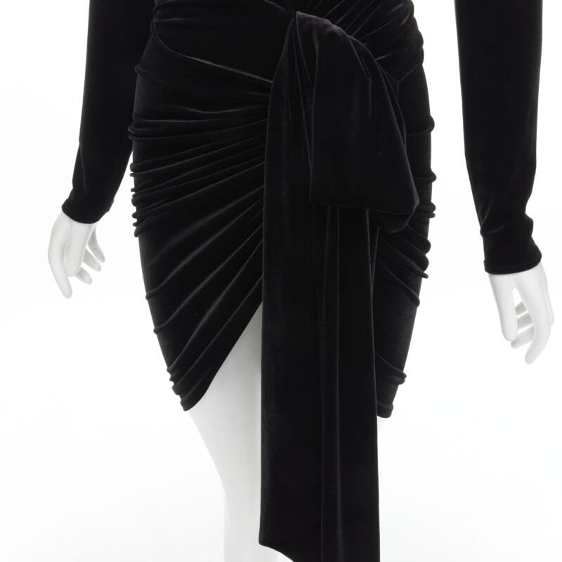 ALEXANDRE VAUTHIER black velvet plunge neck wrap bow draped mini dress FR34 XS