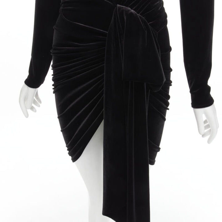 ALEXANDRE VAUTHIER black velvet plunge neck wrap bow draped mini dress FR34 XS