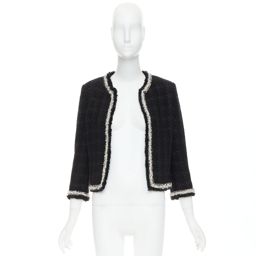 SAINT LAURENT 2021 navy wool silk tweed silver chain braided trim jacket FR38 M