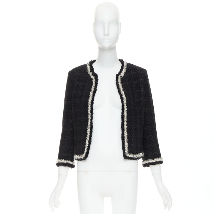 SAINT LAURENT 2021 navy wool silk tweed silver chain braided trim jacket FR38 M