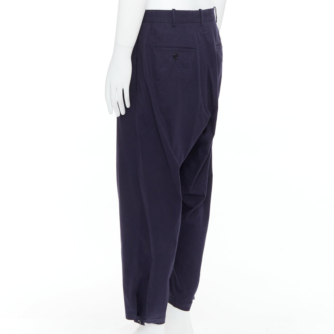 YOHJI YAMAMOTO navy 100% cotton pleated front tapered pants JP4 XL