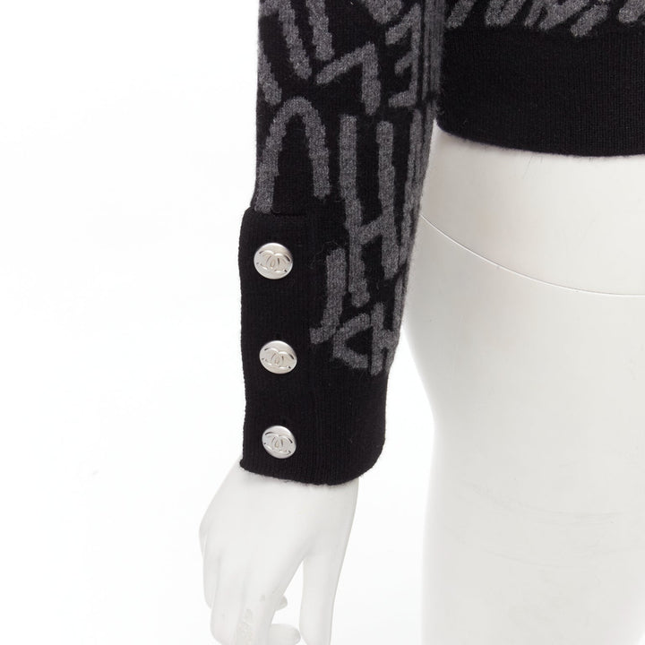CHANEL 2021 98% cashmere black grey all over logo intarsia CC cardigan FR36 S