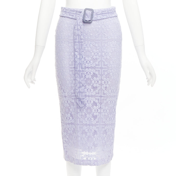 BURBERRY Runway lilac purple cotton blend lace belted pencil skirt IT36 XXS