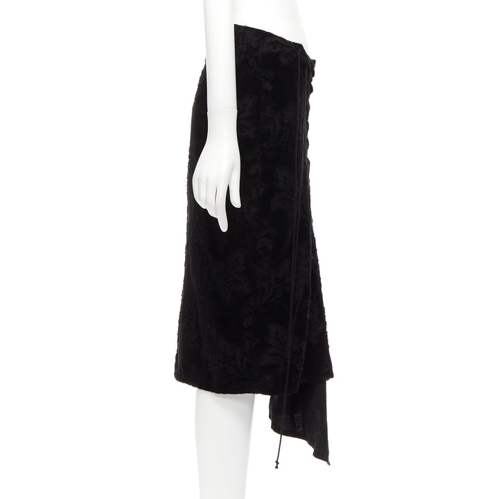 YOHJI YAMAMOTO NOIR black cotton velvet floral jacquard lace up skirt JP1 S