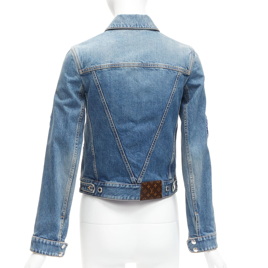 LOUIS VUITTON Yayoi Kusama 2023 Faces leather patch blue denim jacket FR34 XS