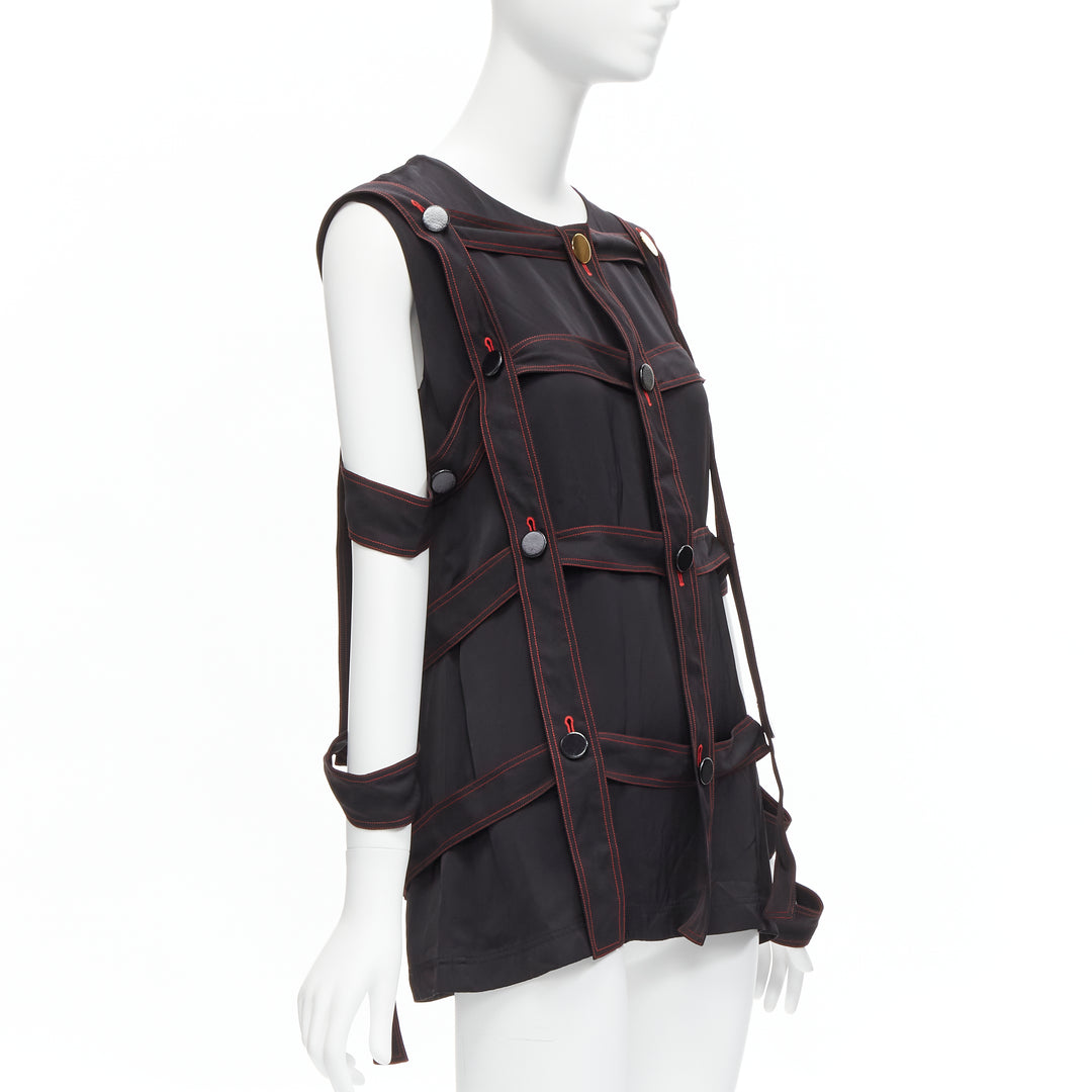 OLD CELINE Philo 2015 Runway Look 17 black grid harness gold button top FR38 M