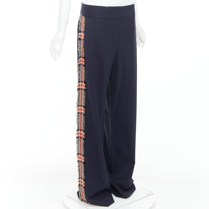 MONSE black virgin wool blend plaid side trim wide trousers US6 M